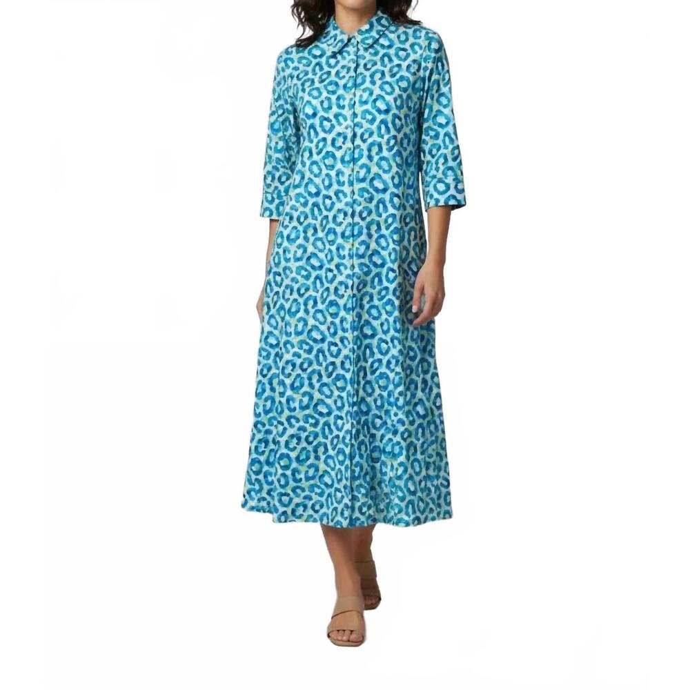 NEW PERLAVERA three quarter sleeve midi dress in aqua leopard